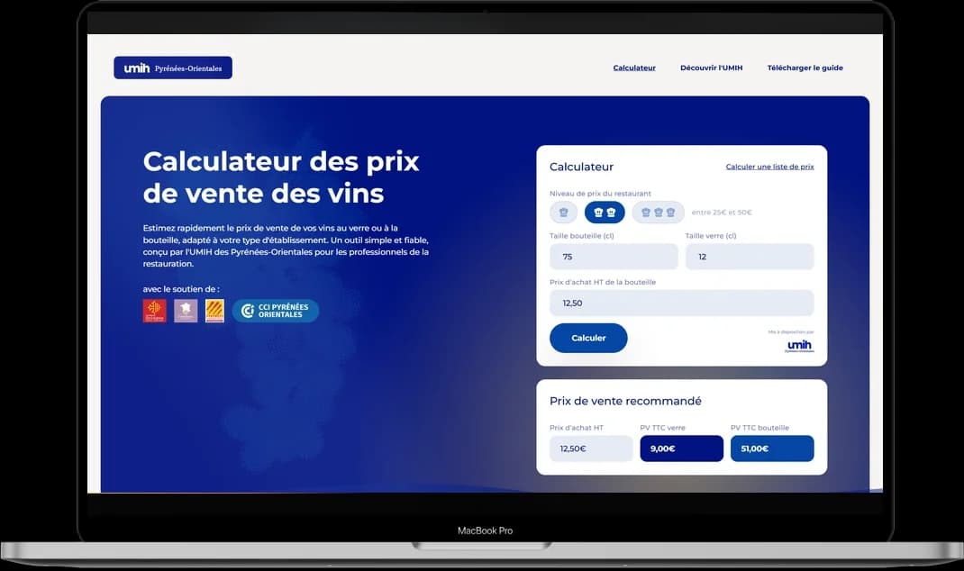 Calculateur de prix des vins UMIH 66, outil web métier réalisé par LOBBI